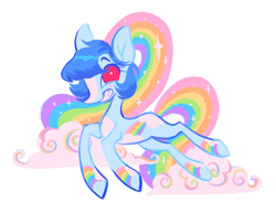 Size: 2000x1536 | Tagged: safe, artist:peaceandlove26, oc, oc only, oc:best friend, earth pony, pony, 2022, bangs, big eyes, blank flank, blaze (coat marking), blood, blue bow, blue coat, blue mane, bow, cloud, cloud mane, cloud tail, coat markings, colored, colored belly, colored eyelashes, colored hooves, earth pony oc, ethereal mane, ethereal tail, eyelashes, facial markings, female, female oc, flat colors, floppy ears, grin, heart, hooves, leg markings, light blue coat, looking at you, mare, mare oc, mismatched hooves, no catchlights, old art, pale belly, profile, question mark, rainbow, rainbow tail, red eyes, shrunken pupils, simple background, smiling, solo, speech bubble, spoken heart, staring into your soul, stripes, tail, tail bow, thin, white background, white belly, white pupils