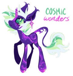 Size: 1326x1368 | Tagged: safe, artist:peaceandlove26, oc, oc only, oc:cosmic wonders, pony, unicorn, 2022, big ears, big eyes, blank flank, broken horn, colored hooves, colored pinnae, ear markings, ear tufts, ethereal body, facial markings, female, female oc, green eyes, green mane, green tail, green text, hooves, horn, leonine tail, lineless, long legs, looking up, mare, mare oc, old art, pink hooves, pink text, profile, purple coat, purple hooves, raised hoof, shiny hooves, shiny horn, simple background, solo, sparkly coat, sparkly legs, standing, standing on three hooves, starry coat, tail, tail fluff, tail markings, thin legs, three toned mane, three toned tail, transparent background, unicorn horn, unicorn oc