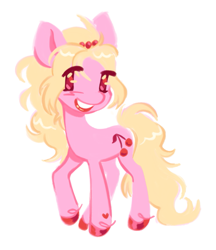 Size: 1033x1196 | Tagged: safe, artist:peaceandlove26, oc, oc only, oc:cherry gloss, earth pony, pony, 2022, blonde mane, blonde tail, blush scribble, blushing, colored eyelashes, colored hooves, earth pony oc, eye clipping through hair, hair tie, heart, heart mark, hoof polish, hooves, lineless, lipstick, long mane, long tail, looking away, looking back, looking to the left, not cherry berry, old art, pink coat, raised hoof, red eyelashes, red eyes, red hooves, red lipstick, shiny eyes, shiny hooves, shiny mane, shiny tail, simple background, smiling, solo, standing on three hooves, tail, three quarter view, tied mane, turned head, white background