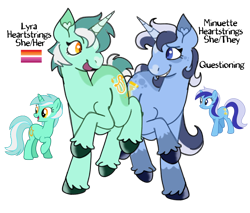 Size: 1200x1024 | Tagged: safe, artist:fagdoggin, lyra heartstrings, minuette, pony, unicorn, g4, alternate design, coat markings, colored hooves, countershading, dappled, duo, duo female, facial markings, female, happy, hooves, horn, lesbian pride flag, looking at each other, looking at someone, mare, mixed pronouns, nervous, nervous smile, pride, pride flag, pronouns, raised hoof, raised leg, simple background, smiling, snip (coat marking), star (coat marking), transparent background, unshorn fetlocks