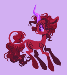 Size: 1358x1516 | Tagged: safe, artist:peaceandlove26, oc, oc only, oc:spellbound shade, hybrid, pony, umbrum, unicorn, g4, 2022, blank flank, coat markings, colored eyelashes, colored horn, colored pupils, crystal horn, curly mane, curly tail, facial markings, fangs, frown, horn, hybrid oc, large horn, leg markings, leonine tail, lidded eyes, lineless, long legs, long tail, magical gay spawn, male, male oc, next generation, offspring, old art, open frown, open mouth, parent:king sombra, parent:sunburst, parents:somburst, purple eyelashes, purple eyes, purple pupils, red coat, red mane, red tail, shaggy mane, shaggy tail, shiny horn, snip (coat marking), socks (coat markings), solo, sparkles, sparkly horn, sparkly mane, sparkly tail, stallion, stallion oc, starry eyes, tail, thin legs, turned head, umbrum oc, unicorn oc, wingding eyes