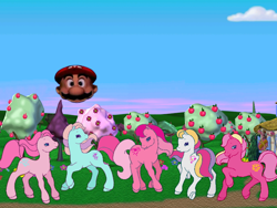 Size: 800x600 | Tagged: source needed, safe, edit, ivy, light heart, morning glory (g2), sundance (g2), sweet berry, butterfly, earth pony, pony, g2, my little pony: friendship gardens, butt, core four, cute, female, giant mario head, low effort, mare, mario, mario teaches typing 2, outdoors, plot, ponyland, super mario bros., tree, video game