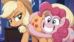 Size: 1344x768 | Tagged: safe, ai composition, ai content, generator:bluefox mix, generator:stable diffusion, prompter:tyto4tme4l, applejack, pinkie pie, earth pony, pony, g4, my little pony: friendship is magic, shadow play, angry, applebutt, applejack is not amused, applejack's hat, book, butt, butt squish, butt touch, butthug, close-up, cowboy hat, desk, duo, duo female, faceful of ass, faic, female, grin, hat, indoors, lidded eyes, looking at someone, looking back, mare, pinkie hugging applejack's butt, plot, scene interpretation, smiling, teeth, twilight's castle, unamused