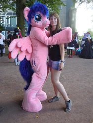 Size: 480x640 | Tagged: safe, artist:atalonthedeer, firefly, human, g1, 2012, connichi, duo focus, fursuit, irl, irl human, photo, ponysuit, solo