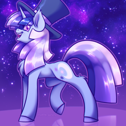 Size: 2000x2000 | Tagged: safe, artist:shad0w-galaxy, oc, oc:flawless sparklemoon, pony, unicorn, my little pony the movie: the death of twilight sparkle, chest fluff, ear fluff, fangs, female, fusion, fusion:trixie, fusion:twilight sparkle, fusion:twixie, hat, high res, hooves, horn, mare, open mouth, smiling, solo, starry eyes, stars, wingding eyes