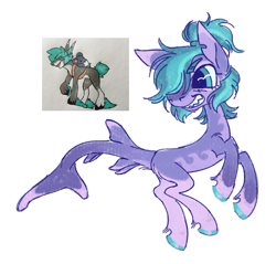 Size: 1504x1436 | Tagged: safe, artist:peaceandlove26, oc, oc only, oc:m-dog, original species, pony, shark, shark pony, 2022, ambiguous gender, big ears, big eyes, chin fluff, colored belly, colored eyebrows, colored fetlocks, colored hooves, colored legs, colored pinnae, countershading, facial markings, fetlock tuft, fish tail, green hooves, grin, hooves, mealy mouth (coat marking), narrowed eyes, oc redesign, old art, pale belly, ponytail, profile, purple body, purple coat, raised hooves, shark tail, shiny hooves, simple background, smiling, solo, tail, tail markings, teal hooves, teal mane, three toned mane, tied mane, torn ear, turned head, white background