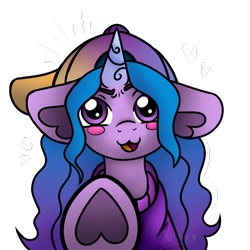 Size: 600x600 | Tagged: safe, artist:mashee, izzy moonbow, pony, unicorn, g5, adorable face, blue mane, blush sticker, blushing, clothes, colored, cute, fanart, female, hat, heart ears, hoodie, hooves, horn, long hair, looking at you, original style, purple eyes, purple mane, simple background, solo, sweater, transparent background