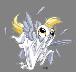 Size: 3707x3511 | Tagged: safe, artist:lytlethelemur, derpy hooves, pegasus, pony, g4, bedsheet ghost, feather, female, gray background, high res, mare, open mouth, simple background, solo, spread wings, tripping, wings