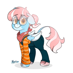 Size: 2400x2400 | Tagged: safe, artist:fluffyxai, oc, oc only, oc:cloud jumper, pegasus, pony, bandaid, bandana, clothes, colored wings, colored wingtips, eye clipping through hair, eyebrows, eyebrows visible through hair, glasses, leonine tail, looking at you, overalls, shoes, simple background, smiling, sneakers, solo, standing, tail, white background, wings