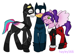 Size: 2943x2166 | Tagged: safe, artist:hayley566, hitch trailblazer, pipp petals, zipp storm, earth pony, pegasus, pony, mlp fim's fourteenth anniversary, g5, alternate hairstyle, batman, blushing, boots, catsuit, catwoman, clothes, commission, cosplay, costume, dc comics, eyes closed, female, flustered, gloves, goggles, grin, halloween, harley quinn, hitch trailblazer gets all the mares, hitchpippzipp, holiday, male, mare, markings, mask, nightmare night, nuzzling, one eye closed, ship:pitch, ship:stormblazer, shipping, shoes, simple background, smiling, stallion, straight, transparent background, trio, wink