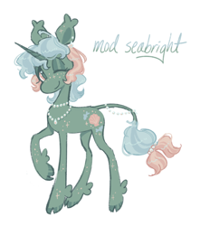 Size: 1132x1278 | Tagged: safe, artist:peaceandlove26, oc, oc only, oc:seabright, pony, unicorn, 2023, blue text, body freckles, cloven hooves, coat markings, colored hooves, curly mane, ear fluff, ear freckles, ear tufts, eyelashes, eyeshadow, facial markings, female, freckles, green coat, green eyeshadow, green hooves, heart, heart eyes, hooves, horn, jewelry, leg freckles, leonine tail, long legs, looking away, looking to the right, makeup, mare, multicolored mane, necklace, old art, one eye closed, open mouth, open smile, pearl necklace, pink eyes, raised hoof, shiny hooves, simple background, slender, smiling, snip (coat marking), solo, standing, standing on three hooves, star (coat marking), star freckles, stars, tail, tail jewelry, thin, thin legs, thin tail, three quarter view, unicorn horn, unicorn oc, white background, wingding eyes, wink