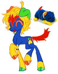 Size: 673x863 | Tagged: safe, artist:peaceandlove26, oc, oc only, unnamed oc, dog, dog pony, earth pony, original species, pony, 2023, big eyes, blue coat, coat markings, colored eyelashes, colored hooves, colored legs, colored sketch, colorful, dog ears, dog tail, eyes closed, eyestrain warning, fluffy mane, fluffy tail, hooves, leg markings, long legs, mismatched ears, mismatched hooves, multicolored hooves, needs more saturation, old art, orange eyelashes, pixel-crisp art, plushie, raised hoof, raised leg, red tail, reference used, saturated, shiny eyelashes, shiny hooves, simple background, sketch, slender, smiling, socks (coat markings), solo, standing on two hooves, tail, thin, tongue out, two toned mane, white background