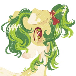 Size: 1784x1792 | Tagged: safe, artist:peaceandlove26, oc, oc only, oc:pickles, earth pony, pony, 2023, blushing, bust, coat markings, colored eartips, colored eyelashes, colored pupils, dog ears, facial markings, gradient muzzle, green mane, hair accessory, lineless, looking back, looking to the right, male, male oc, mane accessory, mealy mouth (coat marking), old art, open mouth, open smile, ponysona, portrait, profile, red eyelashes, red eyes, red pupils, shiny mane, simple background, smiling, snip (coat marking), solo, sparkles, sparkly eyes, stallion, stallion oc, tied mane, turned head, two toned ears, white background, wingding eyes, yellow coat