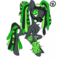 Size: 524x543 | Tagged: safe, artist:peaceandlove26, oc, oc only, oc:radioactive rebel, earth pony, pony, 2023, big ears, big eyes, chest fluff, clothes, colored eyebrows, colored pupils, cybergoth, cyberlox, dreadlocks, earth pony oc, furry leg warmers, gas mask, gray coat, green eyes, green mane, green pupils, leg warmers, looking back, mask, no catchlights, old art, pigtails, profile, raised hoof, simple background, skinny, solo, standing on three hooves, thin, thin legs, three toned mane, three toned tail, tied mane, unusual pupils, white background