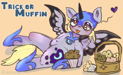 Size: 1053x645 | Tagged: safe, artist:anykoe, derpy hooves, pegasus, pony, mlp fim's fourteenth anniversary, g4, clothes, colored sketch, cosplay, costume, female, floating heart, food, halloween, happy, heart, holiday, looking at you, lying down, muffin, nightmare night, on side, signature, simple background, sketch, solo, spread wings, text, tongue out, trick or treat, wings