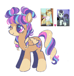 Size: 874x887 | Tagged: safe, artist:peaceandlove26, coloratura, donut joe, oc, oc only, oc:galaxy glaze, pegasus, pony, g4, bangs, blaze (coat marking), coat markings, colored pinnae, colored pupils, crack ship offspring, eyeshadow, facial markings, female, female oc, hair tie, heart, heart eyes, lineless, makeup, mare, mare oc, mealy mouth (coat marking), multicolored mane, multicolored tail, offspring, one eye closed, orange coat, parent:coloratura, parent:donut joe, parents:donutura, pegasus oc, pink eyes, purple eyeshadow, purple pupils, reference used, shiny eyelashes, simple background, smiling, socks (coat markings), solo, sparkles, sparkly mane, sparkly tail, tail, three quarter view, tied mane, tied tail, trans female, transgender, transgender oc, white background, wingding eyes