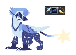 Size: 922x672 | Tagged: safe, artist:peaceandlove26, oc, oc only, oc:pluto, bird, blue jay, griffon, airplanes (song), bald face, blaze (coat marking), blue eyelashes, blue eyes, blue eyeshadow, blue feathers, blue tail, blue wingtips, body markings, chest marking, coat markings, colored wings, colored wingtips, emoji, eyelashes, eyeshadow, facial markings, feather, folded wings, griffon oc, leonine tail, lineless, makeup, male, male oc, profile, simple background, smiling, solo, standing, tail, turned head, two toned wings, white background, wings