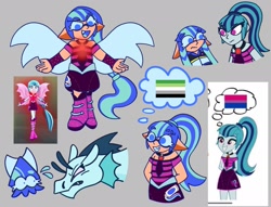 Size: 1952x1489 | Tagged: safe, artist:toothpaste_spl, sonata dusk, human, inkling, siren, equestria girls, g4, aromantic pride flag, bisexual pride flag, crossover, disguise, disguised siren, duo, female, frown, looking at each other, looking at someone, open mouth, open smile, pride, pride flag, screencap reference, smiling, splatoon