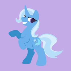 Size: 1247x1237 | Tagged: safe, artist:toothpaste_spl, trixie, pony, unicorn, g4, female, grin, horn, lineless, mare, purple background, rearing, simple background, smiling, solo, teeth