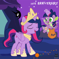 Size: 1418x1418 | Tagged: safe, artist:wheatley r.h., derpibooru exclusive, spike, twilight sparkle, alicorn, dragon, pony, comic:between skull and flowers, mlp fim's fourteenth anniversary, g4, alicorn costume, candy, cempasúchil, clothes, costume, crown, cute, duo, duo male and female, eyes closed, fake cutie mark, fake horn, fake wings, female, flower, folded wings, food, jewelry, male, mare, night, night sky, nightmare night, nightmare night costume, nightmare night symbol, outdoors, regalia, sky, twilight sparkle (alicorn), twilight sparkle costume, vector, watermark, winged spike, wings