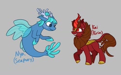 Size: 1575x977 | Tagged: safe, artist:toothpaste_spl, kirin, seapony (g4), brother and sister, cloven hooves, coral, dorsal fin, duo, female, fin, fin wings, fins, fish tail, flowing mane, flowing tail, gray background, grin, kai smith, kirin-ified, lego, lego ninjago, looking at each other, looking at someone, male, nya smith, raised hoof, seaponified, siblings, simple background, smiling, smiling at each other, species swap, tail, wings