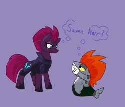 Size: 1505x1280 | Tagged: safe, artist:toothpaste_spl, tempest shadow, pony, unicorn, g4, broken horn, clothes, crossover, duo, horn, looking at each other, looking at someone, mask, purple background, salmonid, simple background, splatoon