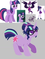 Size: 1170x1519 | Tagged: safe, artist:toothpaste_spl, sci-twi, twilight sparkle, pony, unicorn, equestria girls, g4, gray background, hair bun, horn, lineless, midnight sparkle, redesign, screencap reference, simple background, smiling, unicorn sci-twi