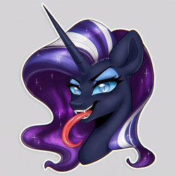 Size: 2560x2560 | Tagged: safe, artist:murny, nightmare rarity, pony, unicorn, g4, bust, fangs, gray background, horn, long tongue, portrait, simple background, solo, sparkles, tongue out