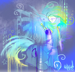 Size: 2518x2400 | Tagged: safe, artist:madragon, oc, oc:omnipony, pegasus, pony, 2023, abstract background, blue coat, colorful, digital art, headphones, looking at you, male, shiny, sitting, solo, spiral, spread wings, wings