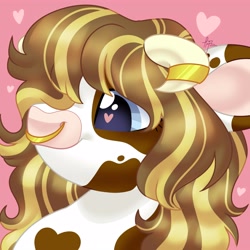 Size: 4000x4000 | Tagged: safe, artist:fizzlefer, oc, oc only, oc:biscuit, cow, cow pony, earth pony, pony, blue eyes, body markings, bovine, brown hair, brown markings, cow oc, crossbreed, ear markings, horns, icon, jewelry, long hair, long mane, matching icon, simple background, solo, white coat