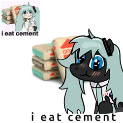 Size: 1000x1000 | Tagged: safe, artist:wren, oc, oc only, oc:fanonlilly, human, pony, anime, blushing, cement, clothes, content, cosplay, costume, eating, female, hatsune miku, hoof fingers, looking at you, mare, meme, necktie, ponified, ponified meme, simple background, thumbs up, vocaloid, white background, wig