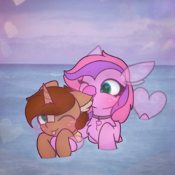 Size: 2664x2664 | Tagged: safe, artist:sodapop sprays, oc, oc only, oc:copper core, oc:lilac, hippogriff, pony, unicorn, beach, biting, duo, ear bite, hawaii, hippogriff oc, horn, one eye closed, outdoors, swimming, wink