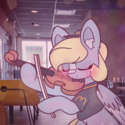 Size: 2664x2664 | Tagged: safe, artist:sodapop sprays, part of a set, derpy hooves, pegasus, pony, series:derpy can't catch a break, indoors, mcdonald's, musical instrument, part of a series, violin