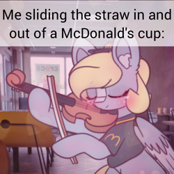 Size: 2664x2664 | Tagged: safe, artist:sodapop sprays, part of a set, derpy hooves, pegasus, pony, series:derpy can't catch a break, indoors, mcdonald's, meme, musical instrument, part of a series, violin