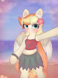 Size: 2664x3551 | Tagged: safe, artist:sodapop sprays, oc, oc only, oc:sodapop sprays, pegasus, pony, semi-anthro, armpits, beach, clothes, grass skirt, hawaii, hula, looking at you, ocean, outdoors, skirt, solo, water