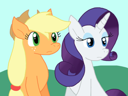 Size: 1124x844 | Tagged: safe, artist:cmara, applejack, rarity, earth pony, unicorn, g4, duo, duo female, female, horn, mare, outdoors