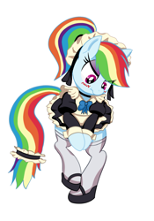 Size: 1101x1576 | Tagged: safe, artist:calmbreezes, rainbow dash, pegasus, pony, g4, bipedal, blush scribble, blushing, clothes, embarrassed, female, maid, maid headdress, mare, rainbow maid, simple background, socks, solo, thigh highs, white background