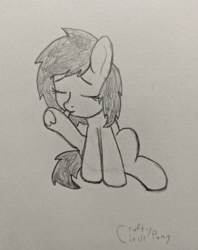 Size: 2944x3716 | Tagged: safe, artist:craftycirclepony, oc, oc only, oc:filly anon, pony, behaving like a cat, cute, eyes closed, female, filly, foal, licking, licking leg, monochrome, pencil drawing, sitting, solo, tongue out, traditional art, underhoof