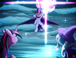 Size: 2115x1610 | Tagged: safe, artist:jphyperx, trixie, twilight sparkle, oc, oc:flawless sparklemoon, pony, unicorn, my little pony the movie: the death of twilight sparkle, g4, clothes, cloud, faic, fusion, fusion:trixie, fusion:twilight sparkle, fusion:twixie, hat, horn, insanity, laughing, lens flare, magic, ocean, outdoors, scene interpretation, starry eyes, stars, this will end in pain, top hat, water, wingding eyes