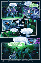 Size: 1004x1535 | Tagged: safe, artist:furufoo, artist:impamy, pharynx, queen chrysalis, trixie, changeling, pony, unicorn, comic:change of heart (furufoo), g4, cape, clothes, cloven hooves, comic, crowd, eyeshadow, fangs, female, green eyes, hat, horn, magic, makeup, spear, swarm, weapon, witch hat