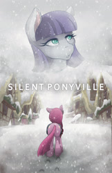 Size: 1325x2048 | Tagged: safe, artist:mscolorsplash, maud pie, pinkie pie, earth pony, pony, fanfic:silent ponyville, g4, balloon, butt, duo, duo female, facing away, fanfic, fanfic art, fanfic cover, female, mare, outdoors, pie sisters, pinkamena diane pie, plot, ponyville, siblings, silent hill, sisters, snow, snowfall, text