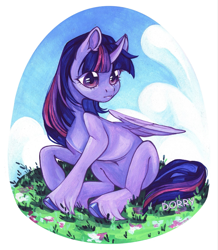 Size: 1789x2048 | Tagged: safe, artist:dorry, twilight sparkle, alicorn, pony, g4, belly, cloud, colored, colored hooves, ear fluff, female, flower, gouache, grass, grass field, hooves, looking sideways, mare, nature, outdoors, sitting, sky, solo, traditional art, twilight sparkle (alicorn), unshorn fetlocks