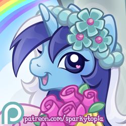 Size: 1200x1200 | Tagged: safe, artist:sparkytopia, minuette, pony, unicorn, a canterlot wedding, g3, g3.5, g4, advertisement, bouquet, clothes, cute, dress, female, flower, g4 to g3, g4 to g3.5, generation leap, headband, horn, looking at you, mare, minubetes, open mouth, open smile, patreon, patreon link, patreon preview, patreon reward, rainbow, smiling, solo, wingding eyes