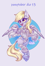 Size: 1984x2880 | Tagged: safe, artist:zackchibi, derpy hooves, pegasus, pony, g4, derp, female, mare, mummy, mummy costume, open mouth, open smile, signature, smiling, solo, spread wings, wings