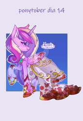 Size: 1280x1859 | Tagged: safe, artist:zackchibi, princess cadance, alicorn, pony, g4, blood, clothes, costume, deviantart watermark, dress, female, halloween, halloween costume, mare, obtrusive watermark, passepartout, ponytober 2024, solo, turned head, watermark, wedding dress, zombie costume