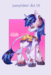 Size: 1280x1859 | Tagged: safe, artist:zackchibi, shining armor, pony, unicorn, worm, g4, armor, blood, clothes, costume, deviantart watermark, halloween, halloween costume, horn, lidded eyes, male, obtrusive watermark, passepartout, ponytober 2024, saddle, solo, stallion, tack, turned head, unshorn fetlocks, watermark, zombie costume