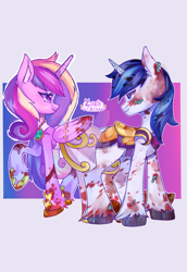 Size: 1280x1859 | Tagged: safe, artist:zackchibi, princess cadance, shining armor, alicorn, pony, unicorn, worm, g4, armor, blood, clothes, costume, deviantart watermark, dress, female, halloween, halloween costume, holiday, horn, lidded eyes, male, mare, obtrusive watermark, passepartout, ponytober 2024, saddle, ship:shiningcadance, shipping, stallion, straight, tack, turned head, unshorn fetlocks, watermark, wedding dress, zombie costume