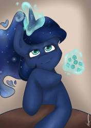 Size: 540x764 | Tagged: safe, artist:lucajcart, princess luna, alicorn, pony, g4, dice, dungeons and dragons, ethereal mane, female, glowing, glowing horn, hoof under chin, horn, lidded eyes, looking at you, magic, mare, pen and paper rpg, rpg, signature, smiling, solo, table, telekinesis