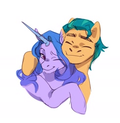 Size: 1488x1524 | Tagged: safe, artist:rowankitten, hitch trailblazer, izzy moonbow, earth pony, pony, unicorn, g5, cute, daaaaaaaaaaaw, duo, duo male and female, eyes closed, female, hitchbetes, horn, hug, izzybetes, male, mare, one eye closed, ship:moontrail, shipping, simple background, smiling, stallion, straight, sweet dreams fuel, white background