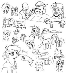 Size: 570x624 | Tagged: safe, artist:kabayo, applejack, twilight sparkle, oc, oc:anon, earth pony, human, pony, unicorn, g4, amogus, among us, black and white, bomb, boop, disembodied hand, drool, female, grayscale, hair over eyes, hand, horn, human male, long pony, male, mare, meme, monochrome, older, older applejack, shawl, sick, simple background, tsuchinoko, unicorn twilight, weapon, white background